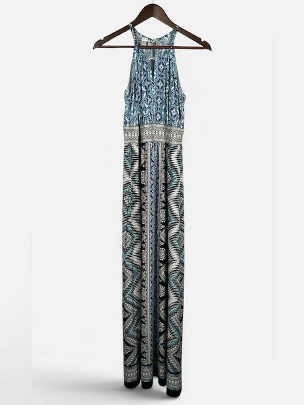 London Times Blue & Teal Print Halter Maxi Dress